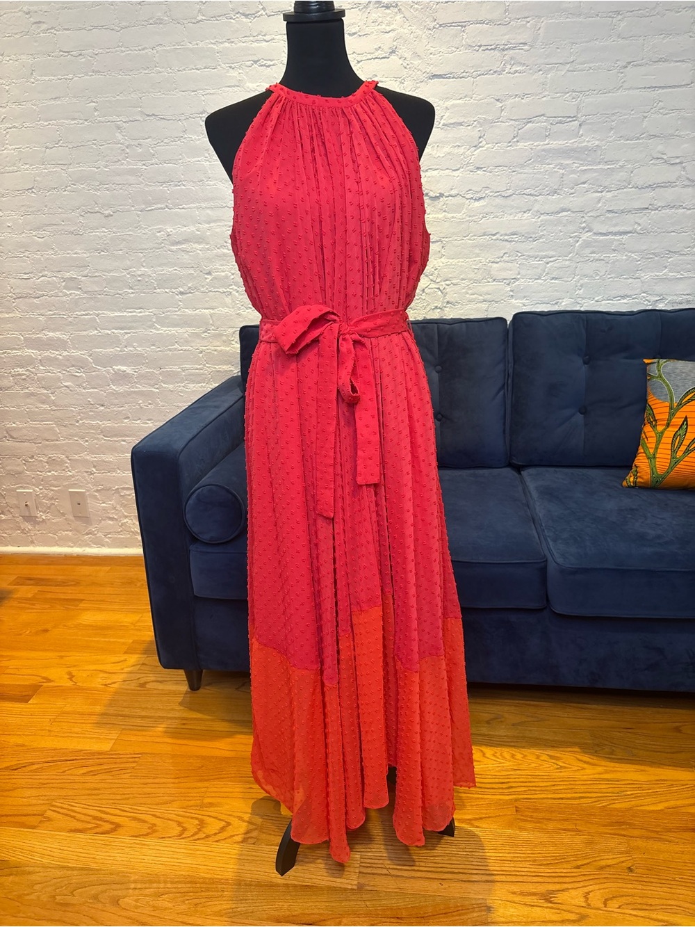 NWT Elie Tahari Red and Orange Swiss Dot Halter Dress - Size XL